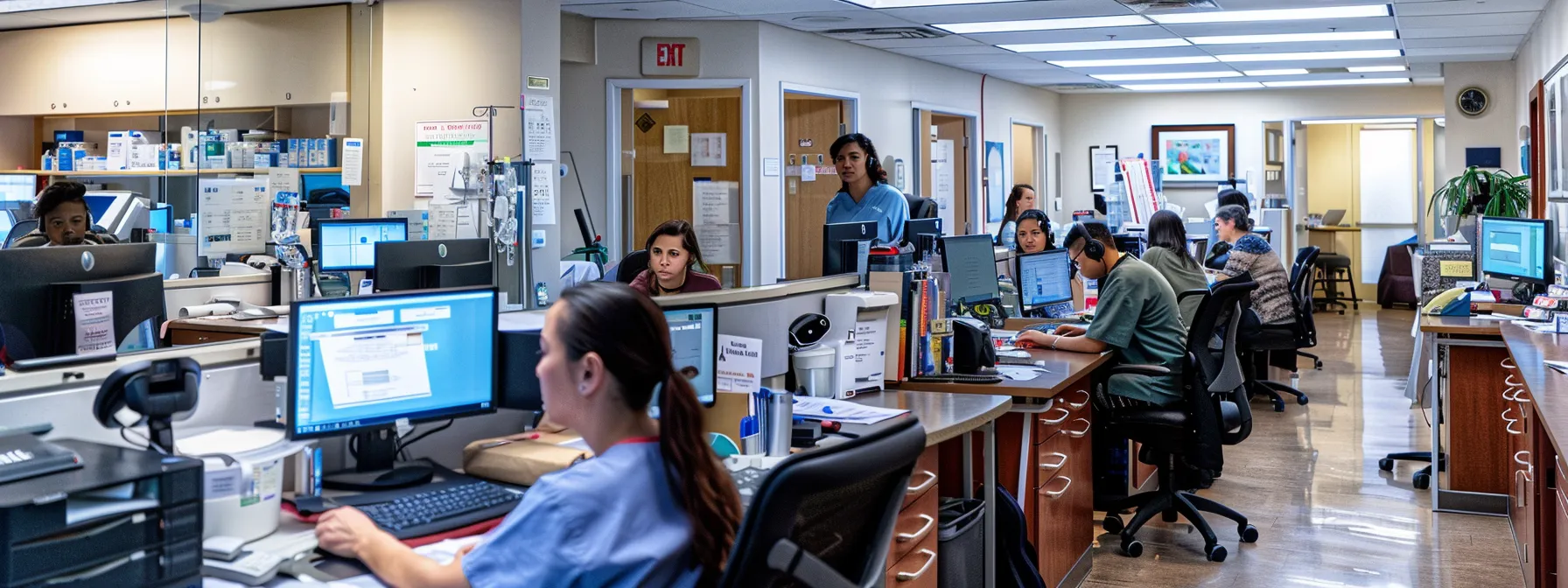 a busy medical office with staff working diligently on billing and revenue management.