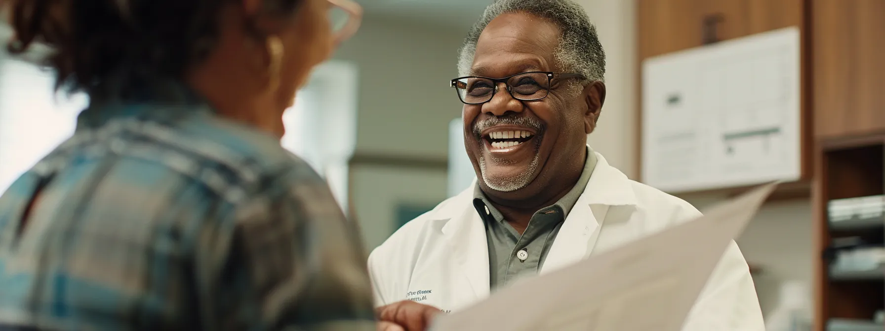 a smiling patient receiving a clear, detailed billing statement from a friendly healthcare provider.