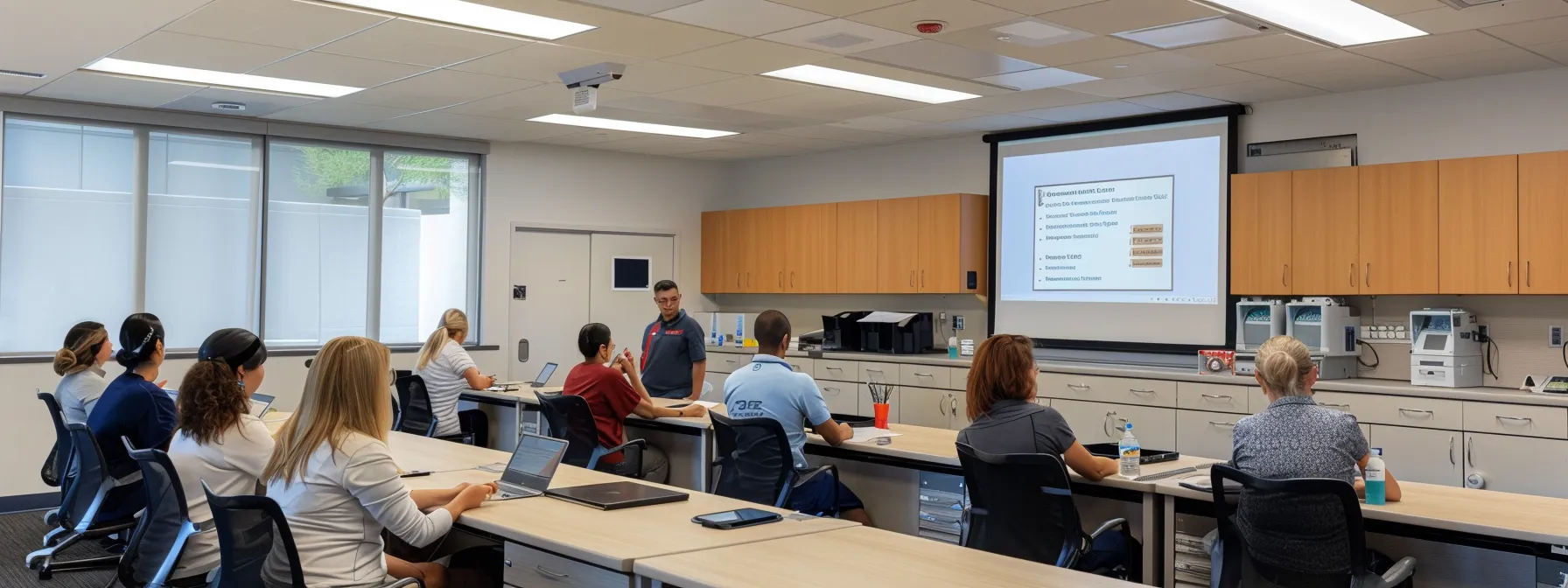 a medical office staff training session in a bright and modern office, utilizing affordable billing software and implementing best practices for cost-effective medical billing in san diego.