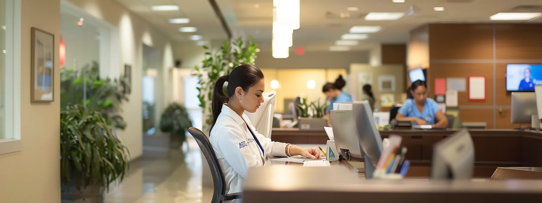 a medical billing specialist diligently processing insurance claims in a bustling san diego clinic, ensuring seamless financial transactions and patient satisfaction.