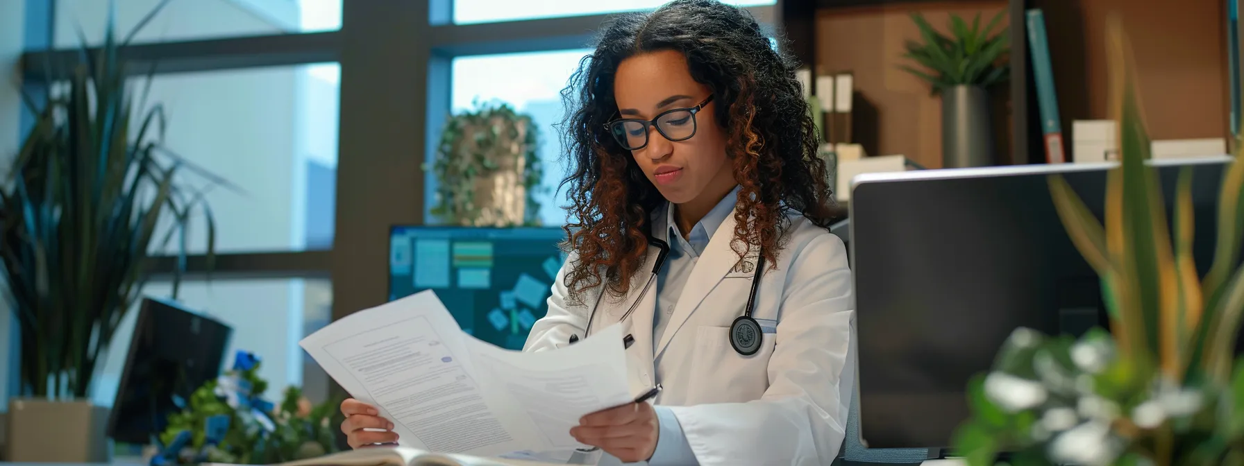 a confident medical billing specialist, certified by aapc, reviewing paperwork in a modern office setting.