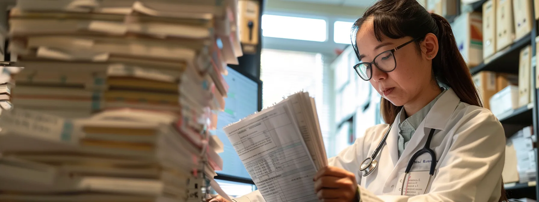 a medical coding specialist carefully examines a detailed patient record, surrounded by stacks of paperwork and a computer screen displaying complex healthcare regulations, in a well-lit office in sunny san diego.