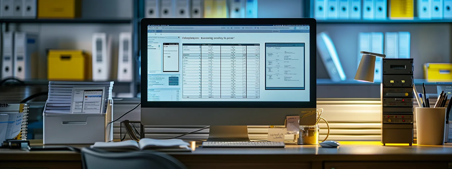 a modern medical office desk with a sleek computer screen displaying an intuitive medical billing software interface, surrounded by stacks of patient files and a secure lockbox for data protection.