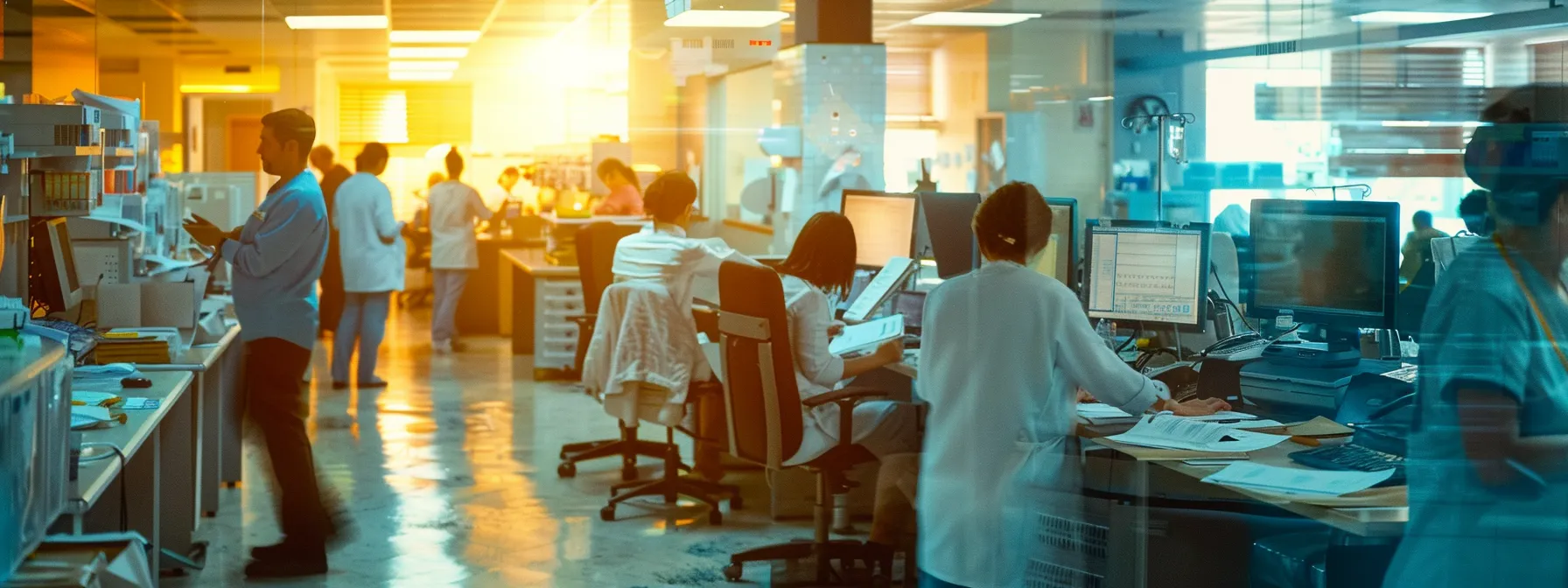 a busy hospital office with medical professionals processing paperwork and entering data into computers.